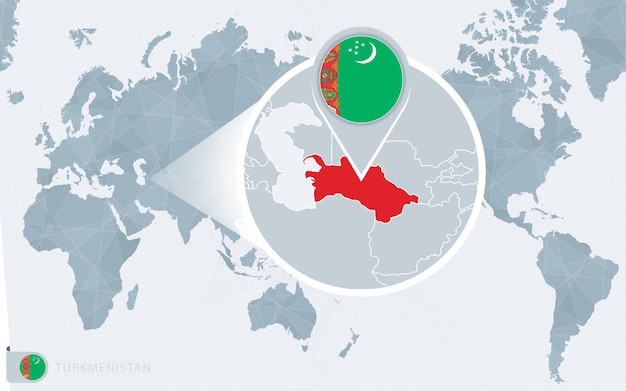 Pacific Centered World map with magnified Turkmenistan. Flag and map of Turkmenistan.