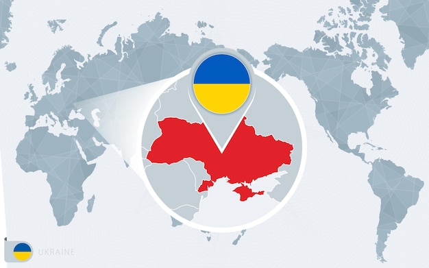 Pacific Centered World map with magnified Ukraine. Flag and map of Ukraine.