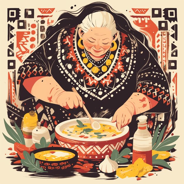 Vector pacific islander elderly woman preparing traditional food