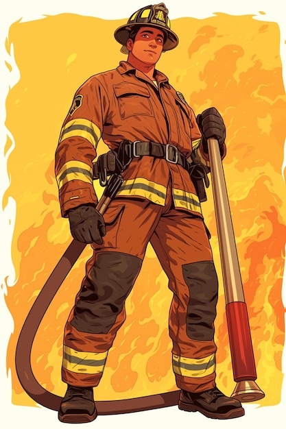 Vector pacific islander male firefighter in his 30s fighting a fire