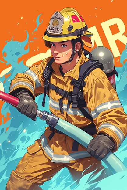 Vector pacific islander male firefighter in his 30s fighting a fire