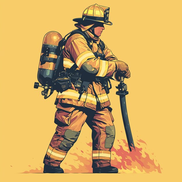 Vector pacific islander male firefighter in his 30s fighting a fire