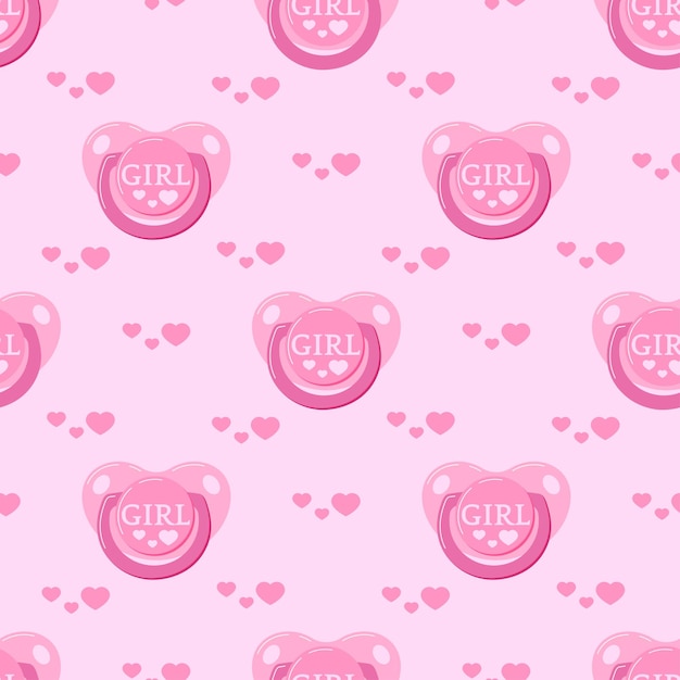 Pacifier baby dummy vector seamless pattern Newborn pink pacifier with hearts for girl Endless texture Flat design cartoon style background for web covers banners decoration children s design