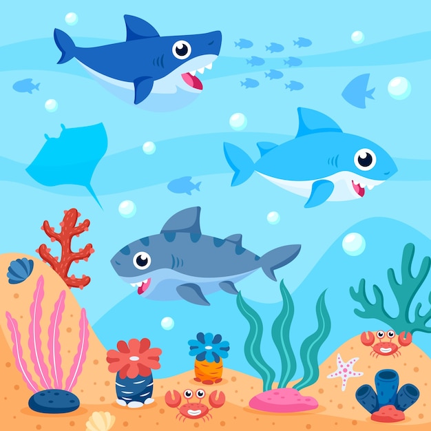 Pack of baby sharks in the ocean illustrated