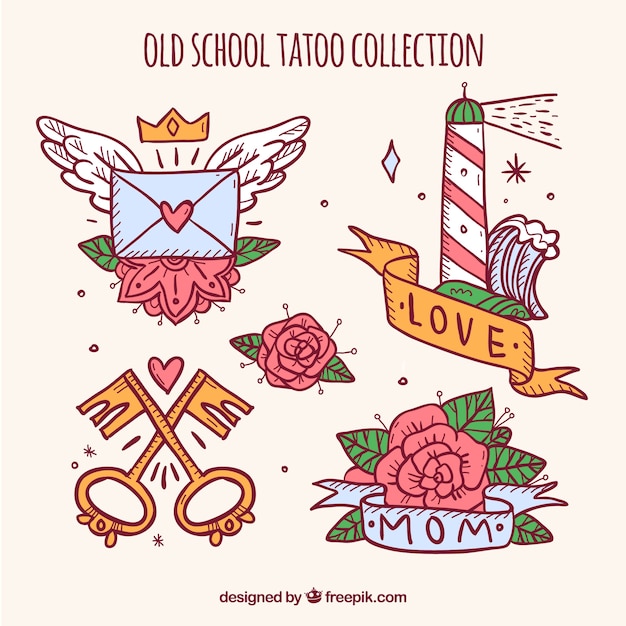 Pack of beautiful retro hand drawn tattoos 