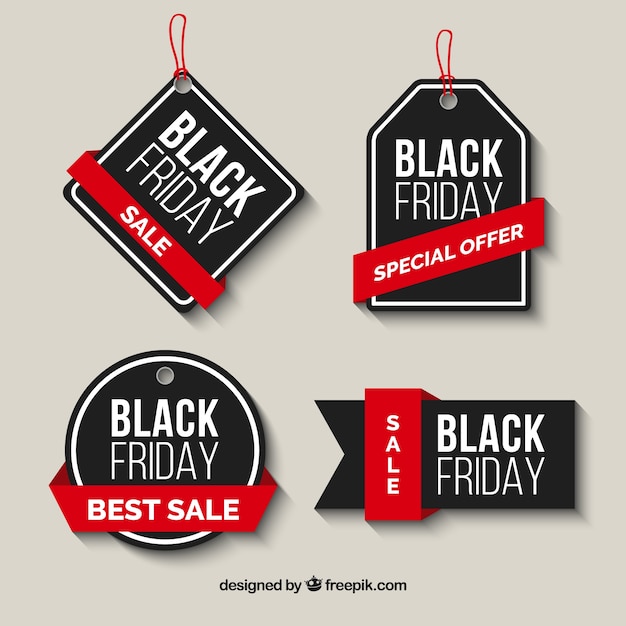 Pack of black friday sale labels with red ribbons