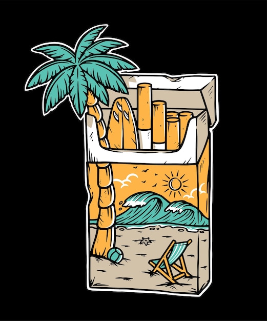 A pack of cigarettes with a palm tree and a beach chair on the background.