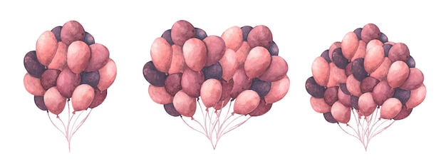 Pack of colorful balloons. Heart shape made of balloons. Greeting object art. Watercolor illustration.