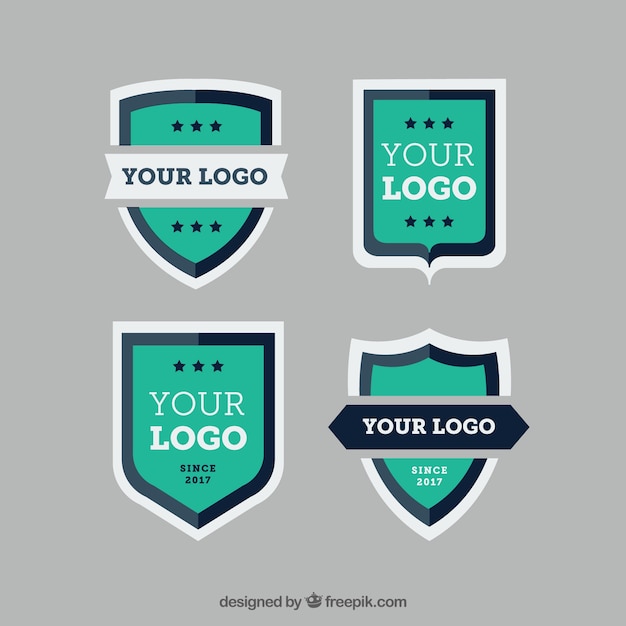 Pack of green shield logos in flat design