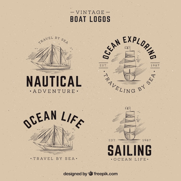 Pack of hand drawn boat logos in vintage 