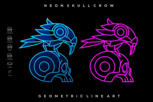 Pack of Lineart Neon Skull Crow Tattoo Logo Illustration