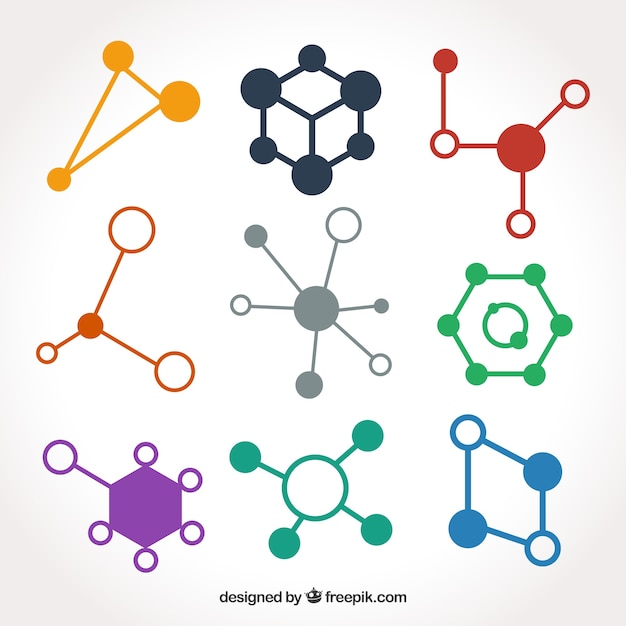 Pack of molecular structures of colors in flat design