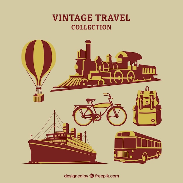 Vector pack of transports and other travel elements in retro style