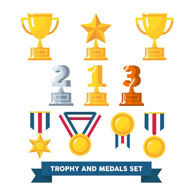 A Pack of Trophies and Medals in Flat Art Design