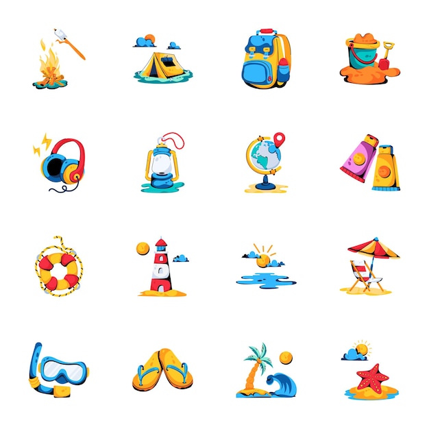 Pack of Vacation Accessories Flat Icons