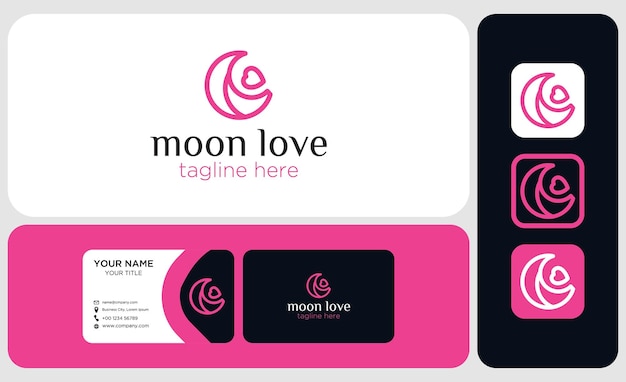 Package logo design and business card Moon logo and heart outline vector icon