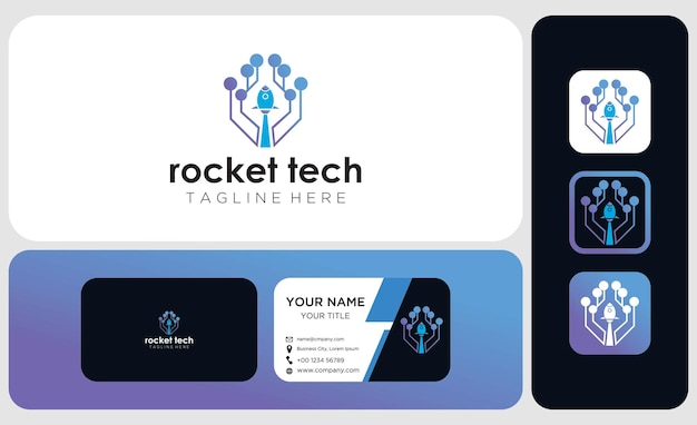 Package logo design and business card rocket technology logo vector symbol software technonology