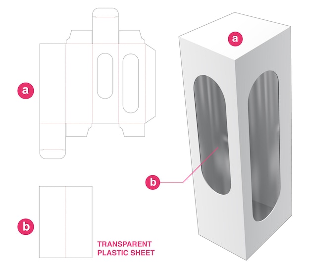 Packaging box and 2 windows with transparent plastic sheet die cut template