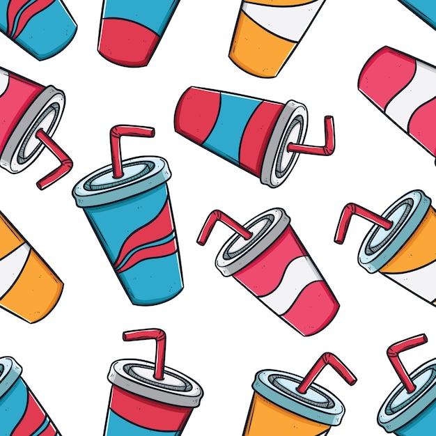 packaging concept of soda drink cups in seamless pattern using doodle style