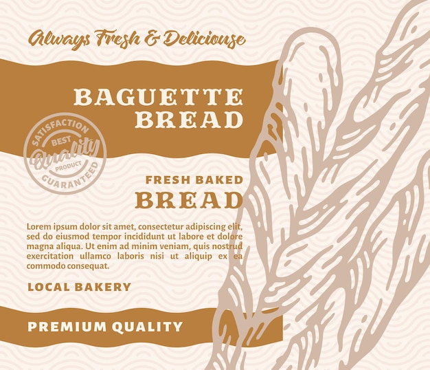 Packaging Design or Label Premium Bakery with Hand Drawn Baguette Bread in doodle vintage style