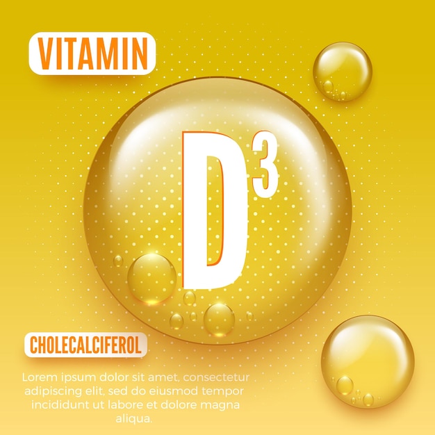 Packaging design for vitamin complex Vitamin D3 capsule Shiny golden round oil drop