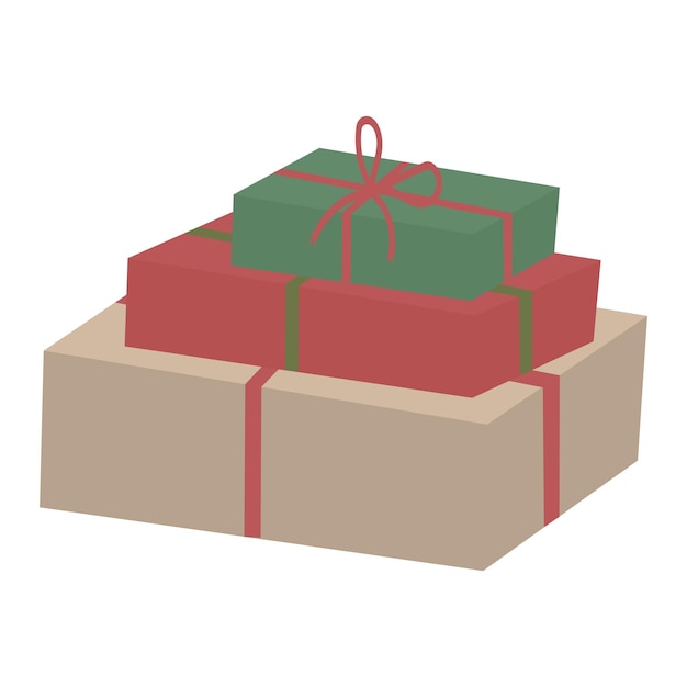 Packed boxes in kraft paper. Festive gift wrapping. Cristmas presents. Flat illustration. Boho style