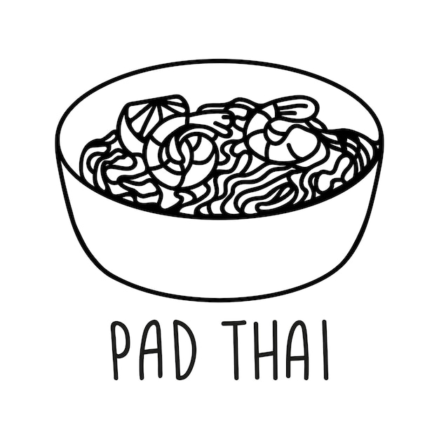 Pad thai noodle bowl in hand drawn doodle style Asian food for restaurants menu