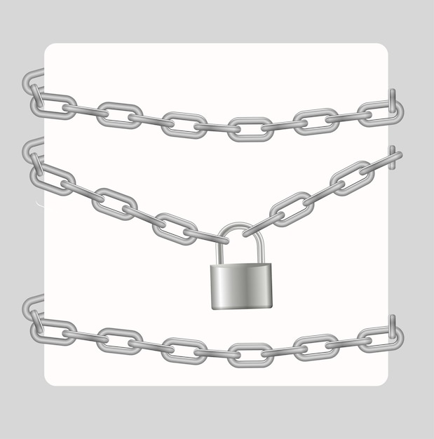 Padlock and chain Gray metal chain and padlock handcuffed card vector