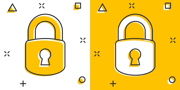 Padlock icon in comic style Lock cartoon vector illustration on white isolated background Private splash effect business concept