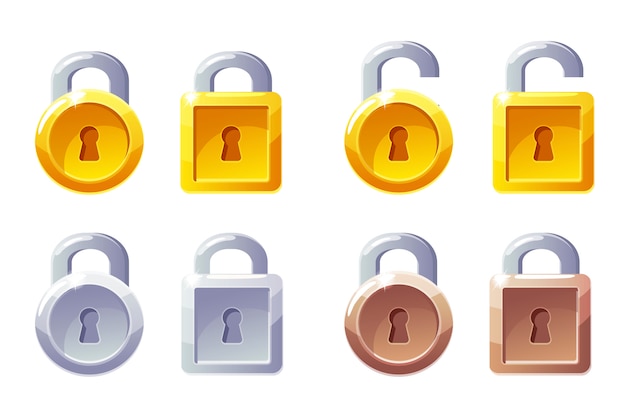 Padlock icon with square and round shape. GUI Level Lock. Golden, silver and bronze padlocks.