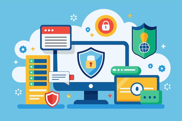 A padlock secured on top of a computer screen symbolizing data protection and security measures Security of important computer data Simple and minimalist flat Vector Illustration