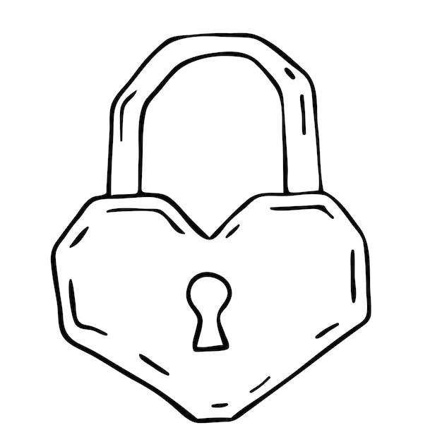 Padlock . Vector doodle illustration of a heart-shaped castle. valentine's Day icon.