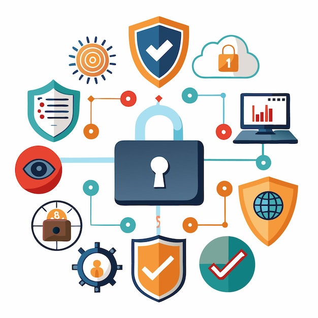 Vector a padlock with a keyhole is in the center of a network of connected security icons