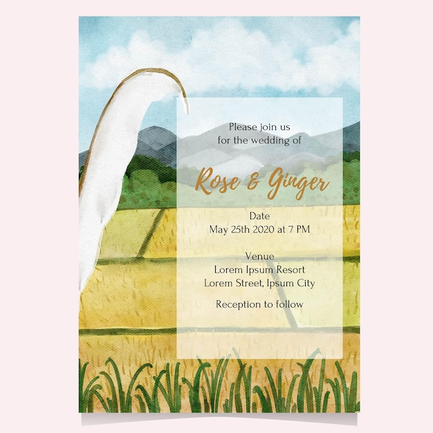 Pady field watercolor illustration for card, invitation, poster