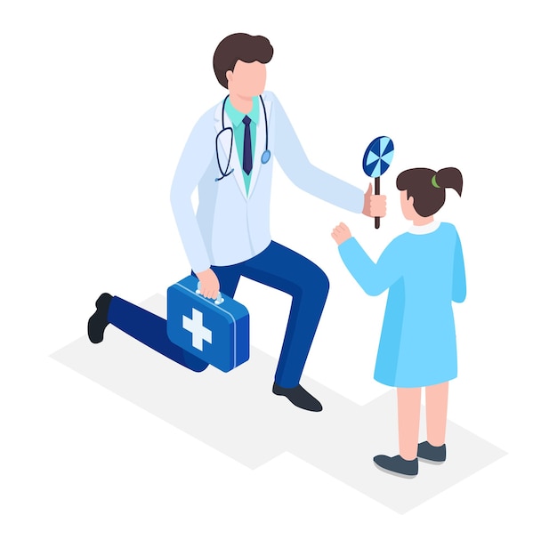 Paediatrician male character hold medical kit doctor give sweet lollipop to children girl isometric