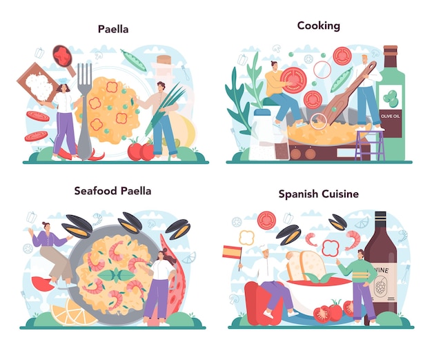 Paella set. Spanish traditional dish with seafood and rice on a plate. Chefs cooking healthy gourmet cuisine. Isolated vector illustration in cartoon style