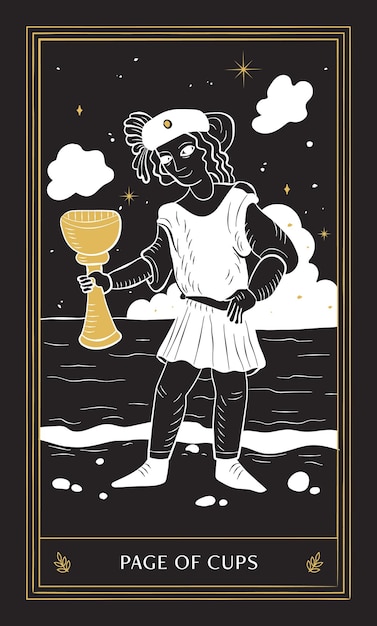 Page of Cups Tarot Card in Minor Arcana with Black Gold and White Hand Drawn Vector Doodle Style