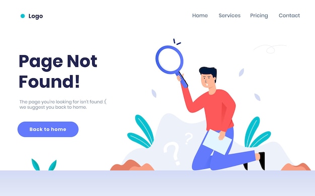 Vector page not found landing page illustration with man holding a magnifying glass