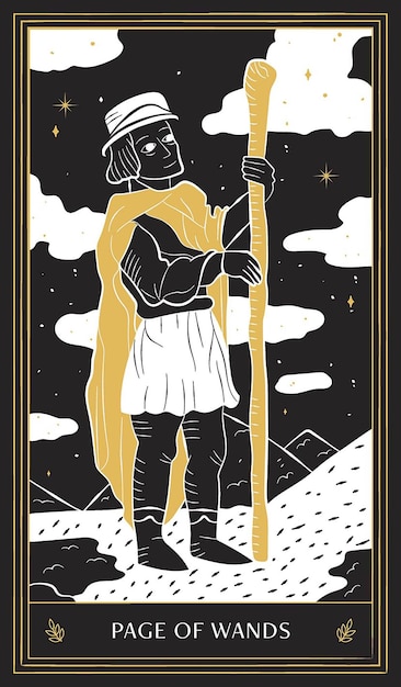 Page of Wands Tarot Card in Minor Arcana with Black Gold and White Hand Drawn Vector Doodle