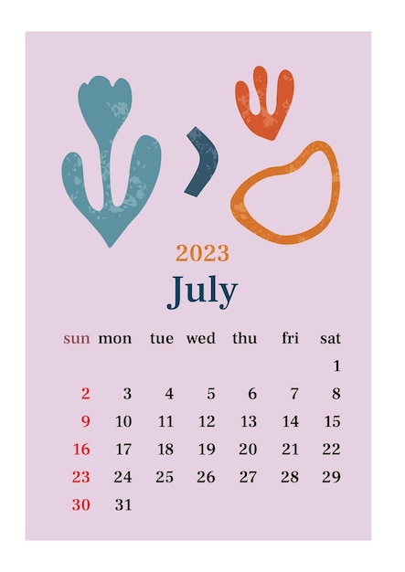 The page with the month July 2023 with abstract organic shapes in muted tones Vertical poster in aesthetic style in pastel colors Vector illustration design