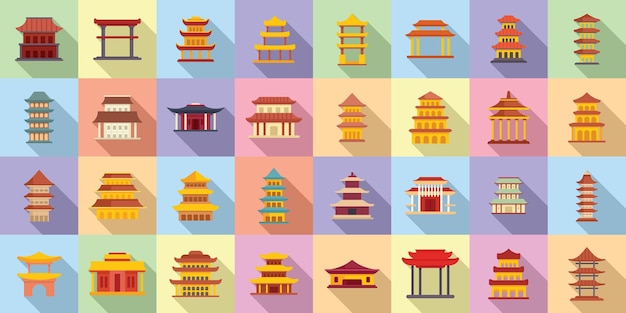 Pagoda icons set flat vector Asian temple