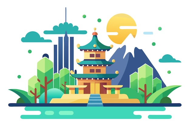 Pagoda Illustration with Mountains Trees and a Sun