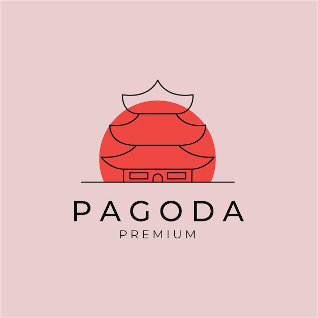 Pagoda line art logo with sun vector symbol illustration design