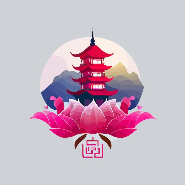 Pagoda on a mountain and sakura trees flat design vector art icon