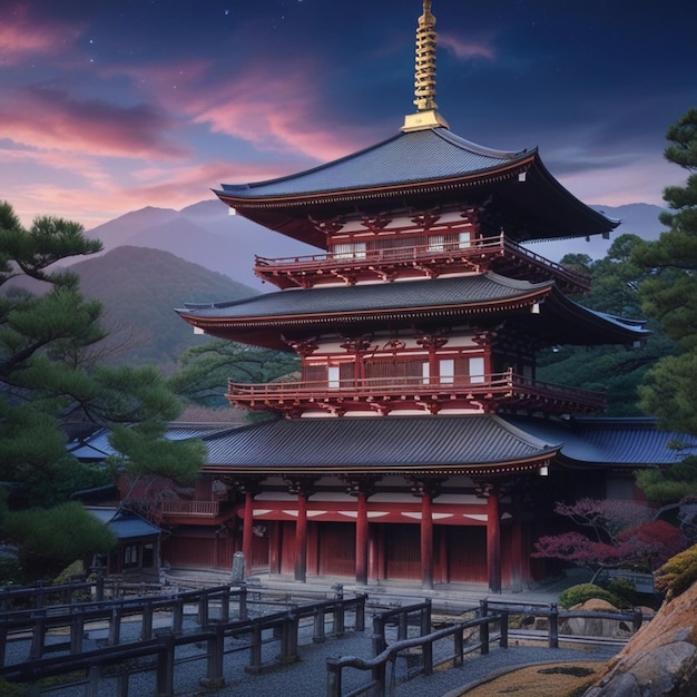 a pagoda with a mountain in the background