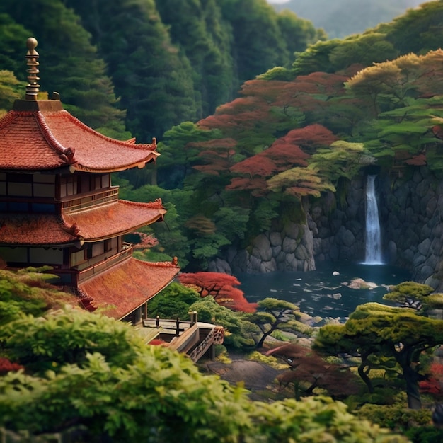 Vector a pagoda with a waterfall in the background