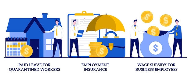 Paid leave, employment insurance, wage subsidy for business employee concept with tiny people. Governmental support for quarantined worker set. Sickness benefits support metaphor.