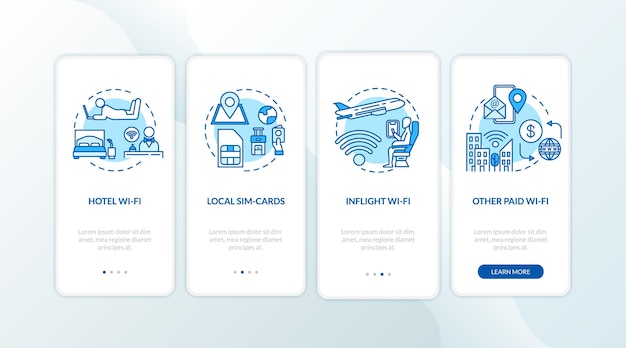 Paid WI-fi and local SIM-card onboarding mobile app page screen with concepts. Hotel and inflight Wi-fi walkthrough 4 steps graphic instructions. UI vector template with RGB color illustrations