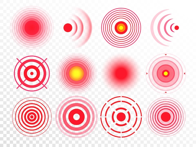 Pain circles. Red painful target spot, targeting medication remedy circle and joint pain spots isolated  set