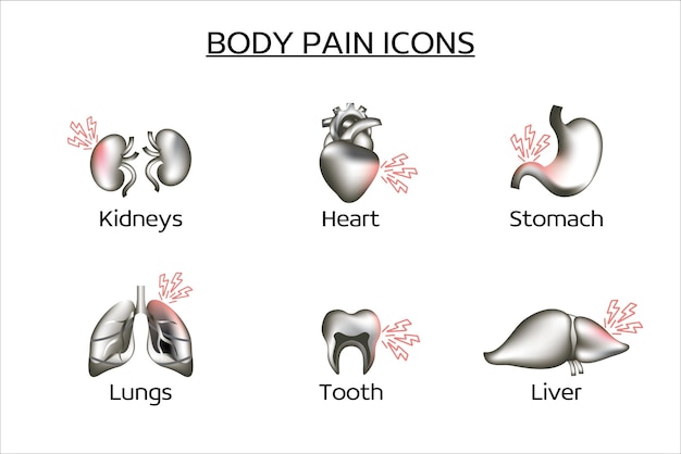 Pain icon set organ pain symbol collection vector sketches logo 3D illustrations disease signs